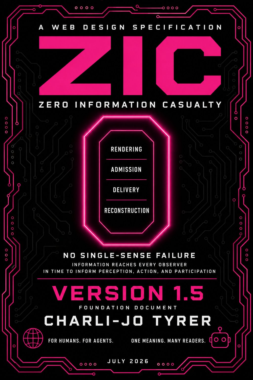 Cover of the Zero Information Casualty specification, version 1.5. Magenta and white on black, framed by a circuit-board border. A large outlined zero contains the four casualty classes: Rendering, Admission, Delivery, Reconstruction. Below: ‘No single-sense failure. Information reaches every observer, in time to inform perception, action, and participation.’ Foundation document by Charli-Jo Tyrer, July 2026.